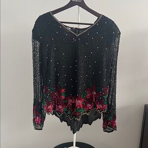 Laurence Kazar Black Beaded Floral Blouse